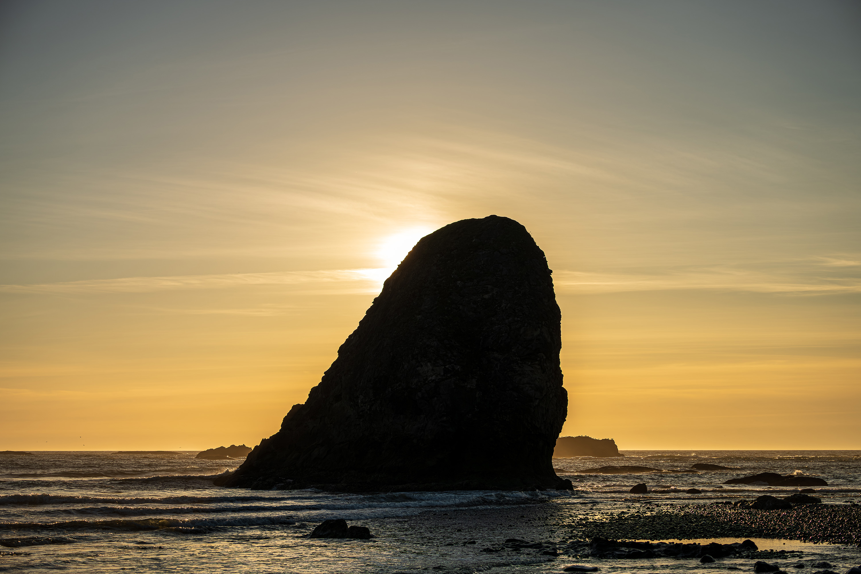 Pacific coastline and sea stack at sunset
